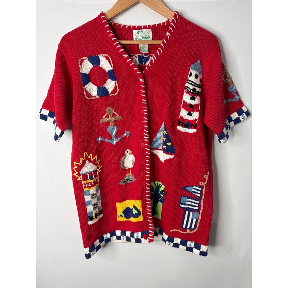 Quacker Factory Cardigan Sweater Sz S Red Nautical Embroidered Short Sleeve
